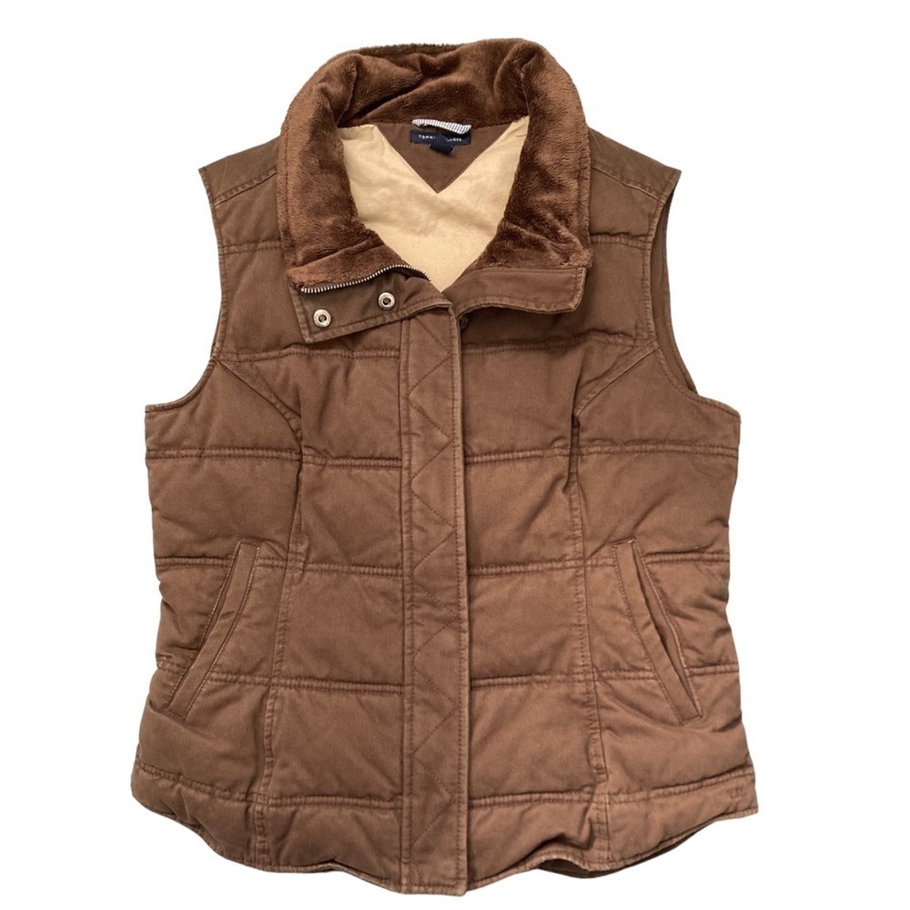 Tommy Hilfiger brown canvas gorpcore faux fur trim puffer vest